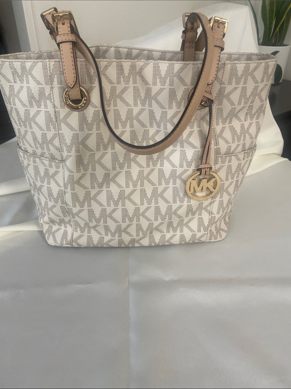 Michael Kors Cream Signature MK Tote with Gold Charm